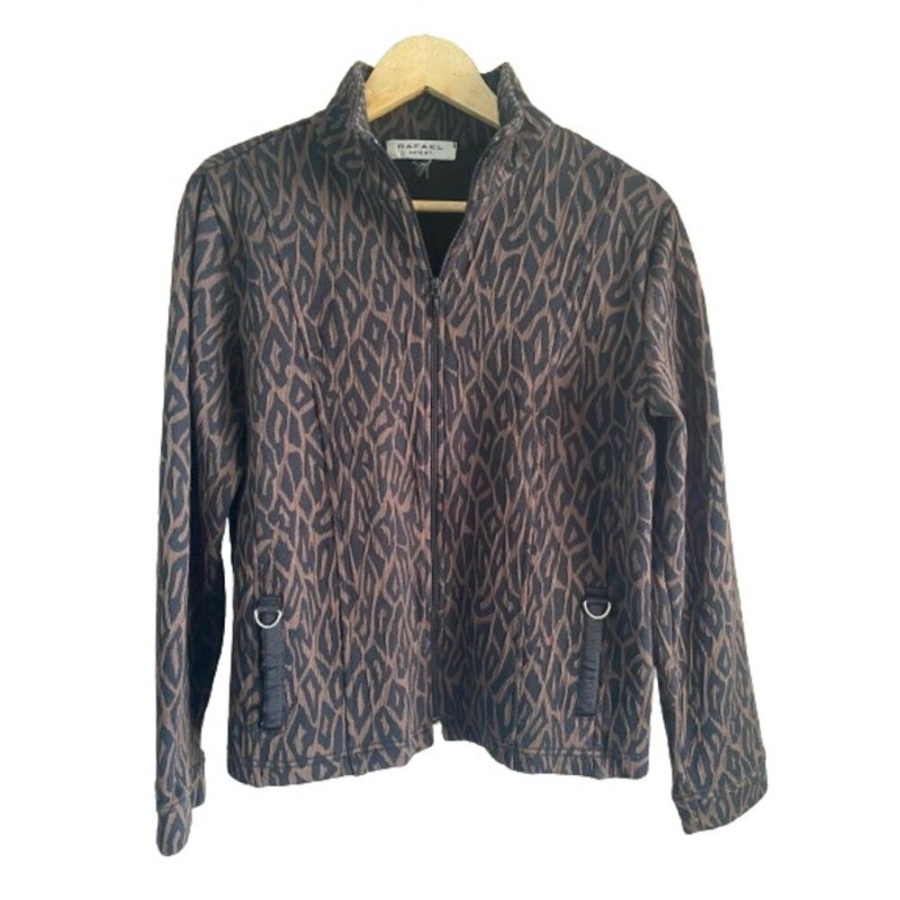 Rafael Sport Animal Print Brown Black Full Zip Stretch‎ Leisure Jacket Sz L